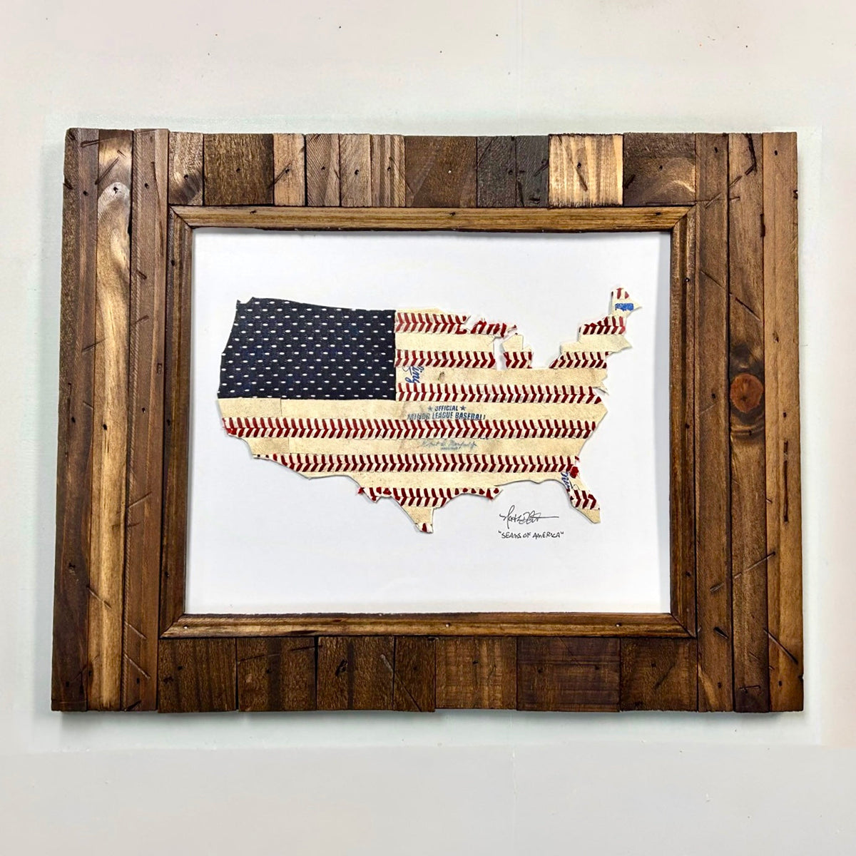 “Seams of America” USA Baseball Original Artwork in 8x10 Sandlot Style Distressed Wood Plank Frame